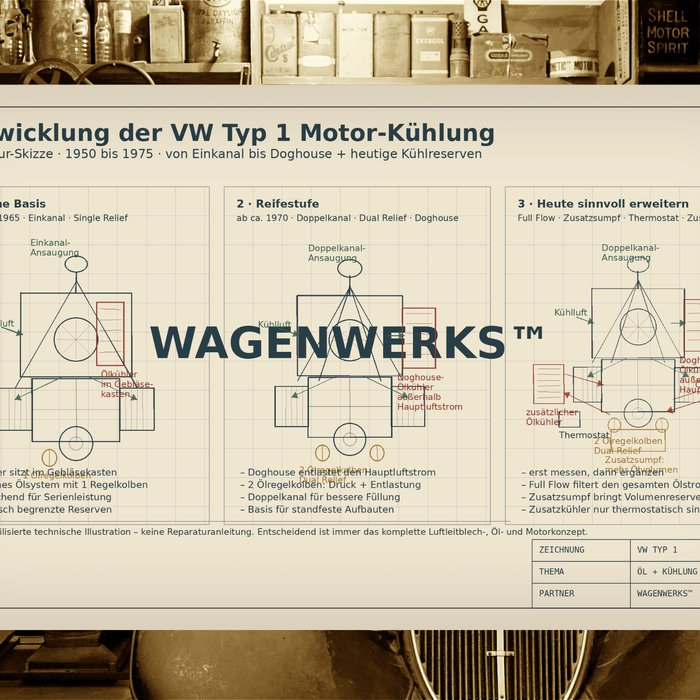 Entwicklung der VW Typ 1 Motoren von 1950 bis 1975 – vom Einkanal-Motor zur Doghouse-Kühlung