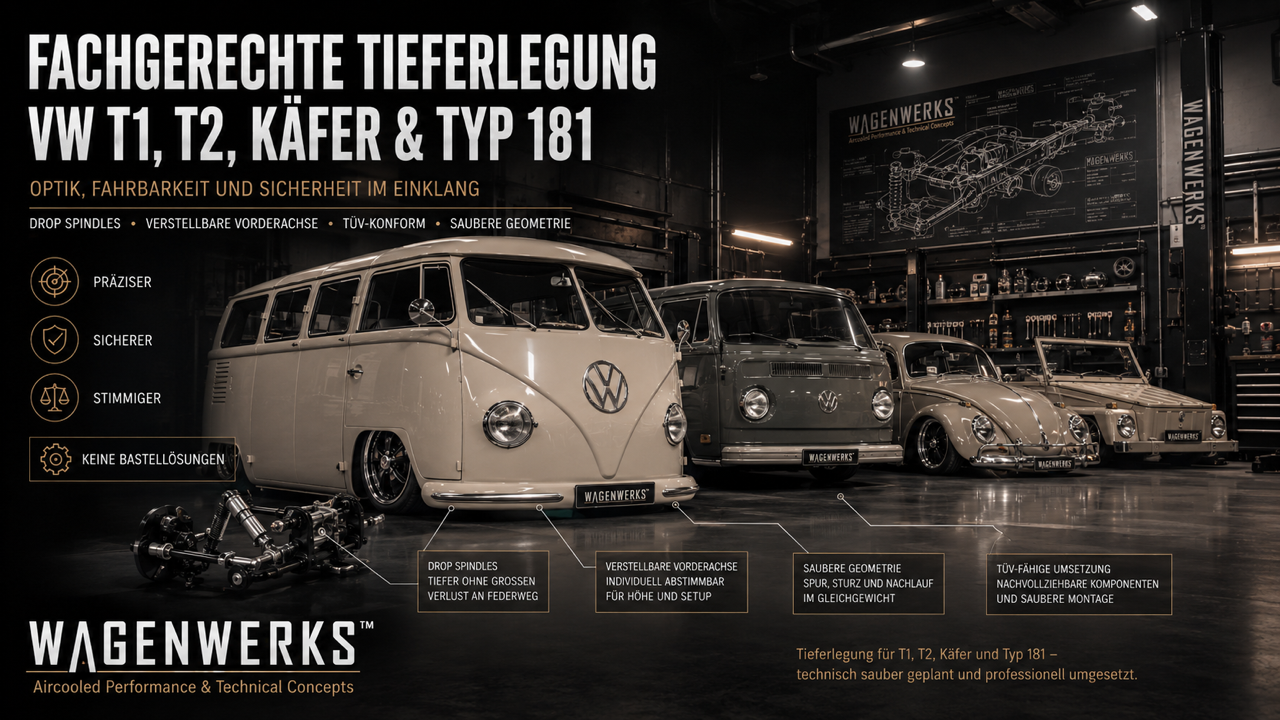 Fachgerechte Tieferlegung bei VW T1, T2, Käfer & Typ 181 – warum es auf jedes Detail ankommt