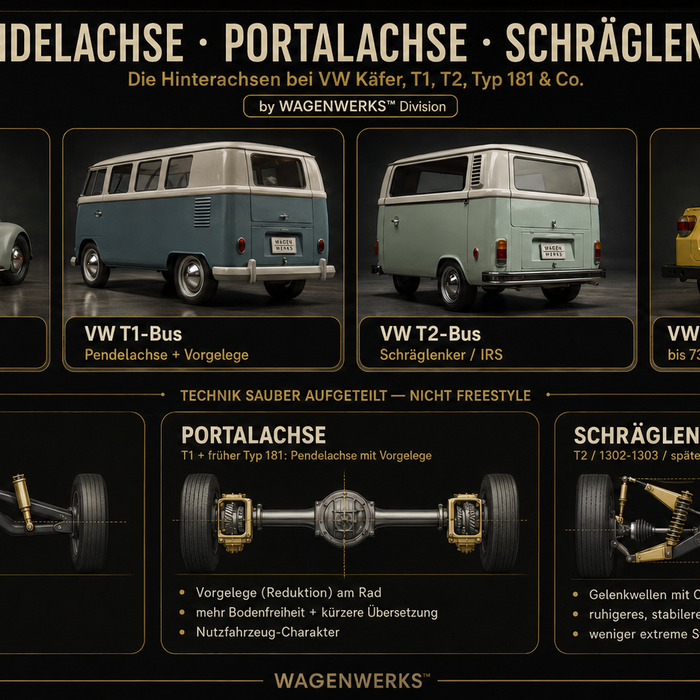 Hinten entscheidet sich der Charakter: Pendelachse, Vorgelege, Portalachse und Schräglenker bei VW Käfer, T1, T2, Typ 181 & Co.