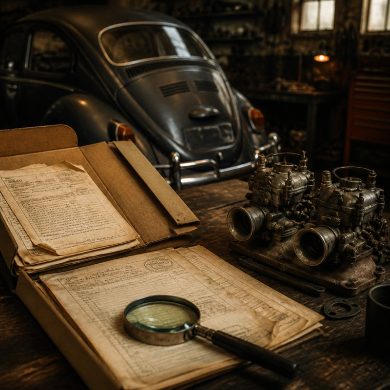 Historische Gutachten und Prüfberichte auf der Werkbank neben VW Käfer und Doppelvergaser – Gutachten-Recherche bei WAGENWERKS