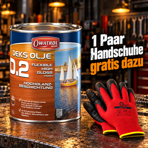 OWATROL DEKS OLJE D2 Hochglanz-Öl-Lack für Holz 1 L mit gratis ONYX-Arbeitshandschuhen