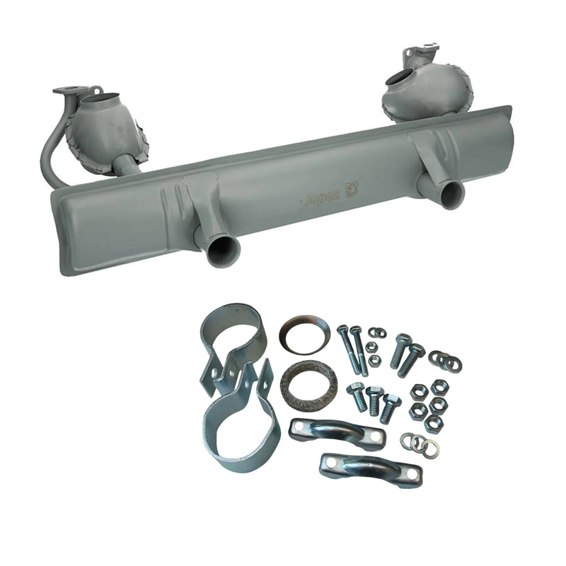 Auspuffanlage und Montageset für luftgekühlten VW Käfer Typ-1 Motor, inklusive Befestigungsmaterial.