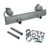 Auspuffanlage Set für VW Käfer Typ-1 Motor, inklusive Endrohre und Montagematerial, auf weißem Hintergrund.