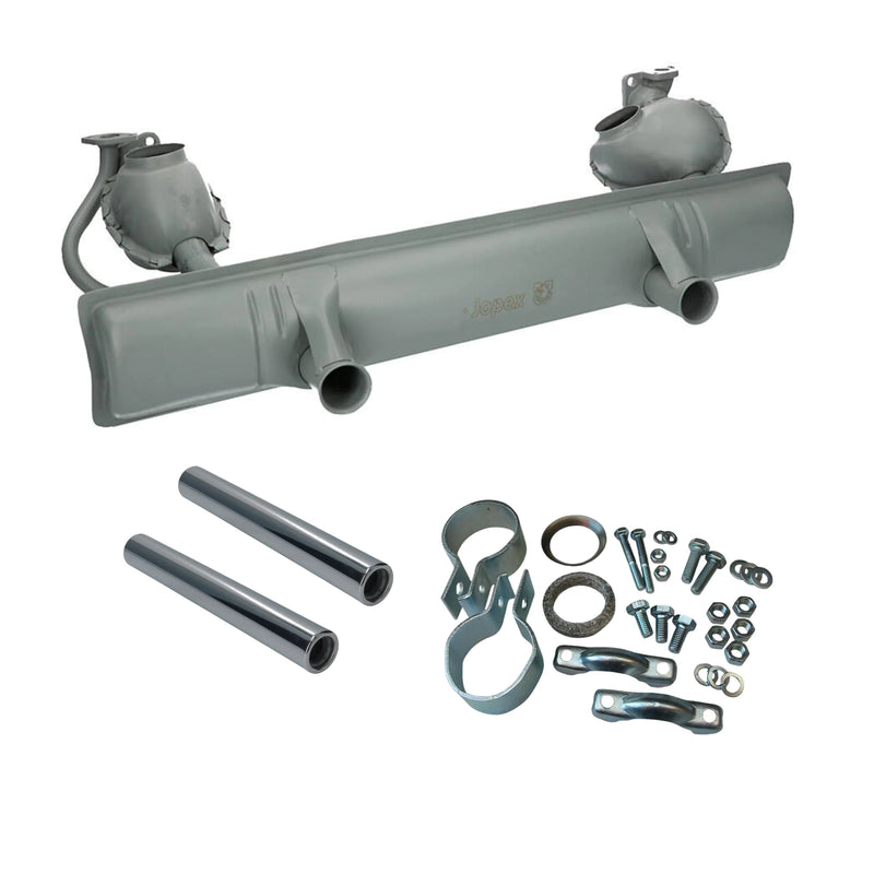 Auspuffanlage Set für VW Käfer Typ-1 Motor, inklusive Endrohre und Montagematerial, auf weißem Hintergrund.