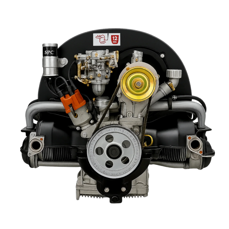 Luftgekühlter Volkswagen Typ-1 Motor mit schwarzen Kühlhauben, silbernen und goldenen Details, orange Zündverteiler