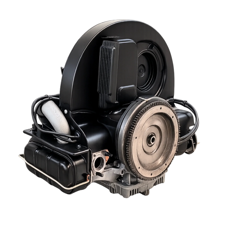 Restaurierter luftgekühlter VW Typ-1 Motor mit schwarzer Abdeckung und silbernem Schwungrad