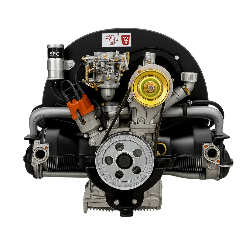 Klassischer luftgekühlter 12-PS-Boxermotor mit sichtbaren Komponenten und Riemenantrieb
