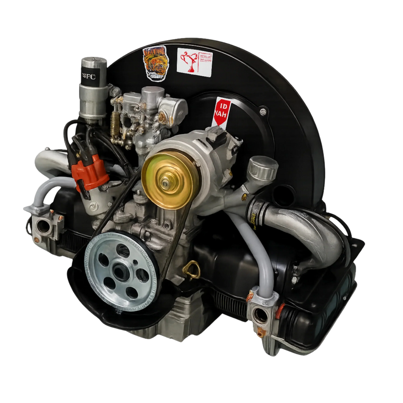 Original VW Typ-1 luftgekühlter Motor mit schwarzen Abdeckungen und roten sowie goldfarbenen Details, isoliert