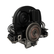 Luftgekühlter VW Typ-1 Motor mit schwarzem Lüftergehäuse und Metall-Riemenscheibe, restauriert von Wagenwerks