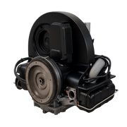 Luftgekühlter VW Typ-1 Motor in schwarz, Vorderansicht mit Lüftergehäuse und Schwungrad