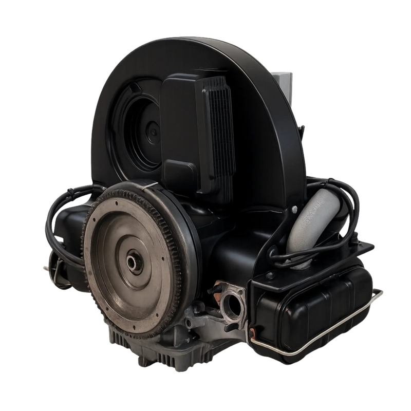 Luftgekühlter VW Typ-1 Motor in schwarz, Vorderansicht mit Lüftergehäuse und Schwungrad