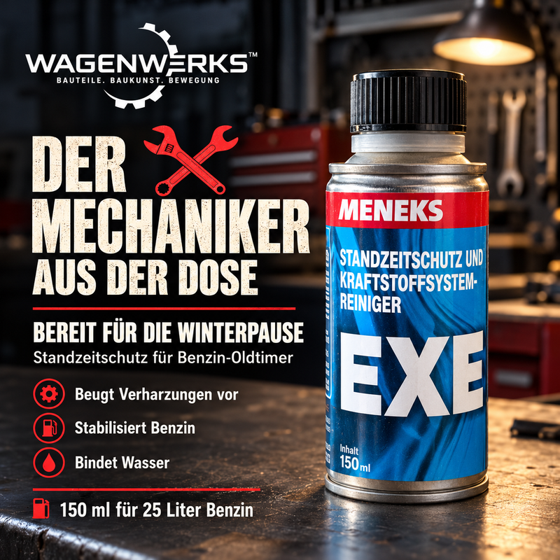MENEKS EXE Standzeitschutz für Benzin-Oldtimer in der Werkstatt – 150 ml für 25 Liter Benzin