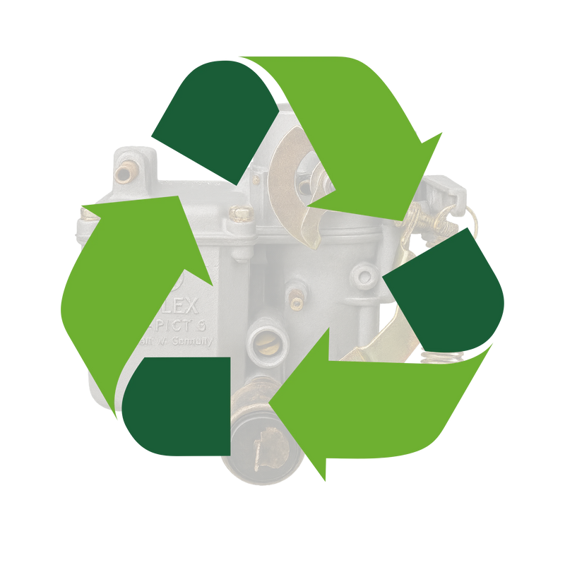 Vergaser für luftgekühlten VW mit Recycling-Symbol, Oldtimer Ersatzteil, Nachhaltigkeit
