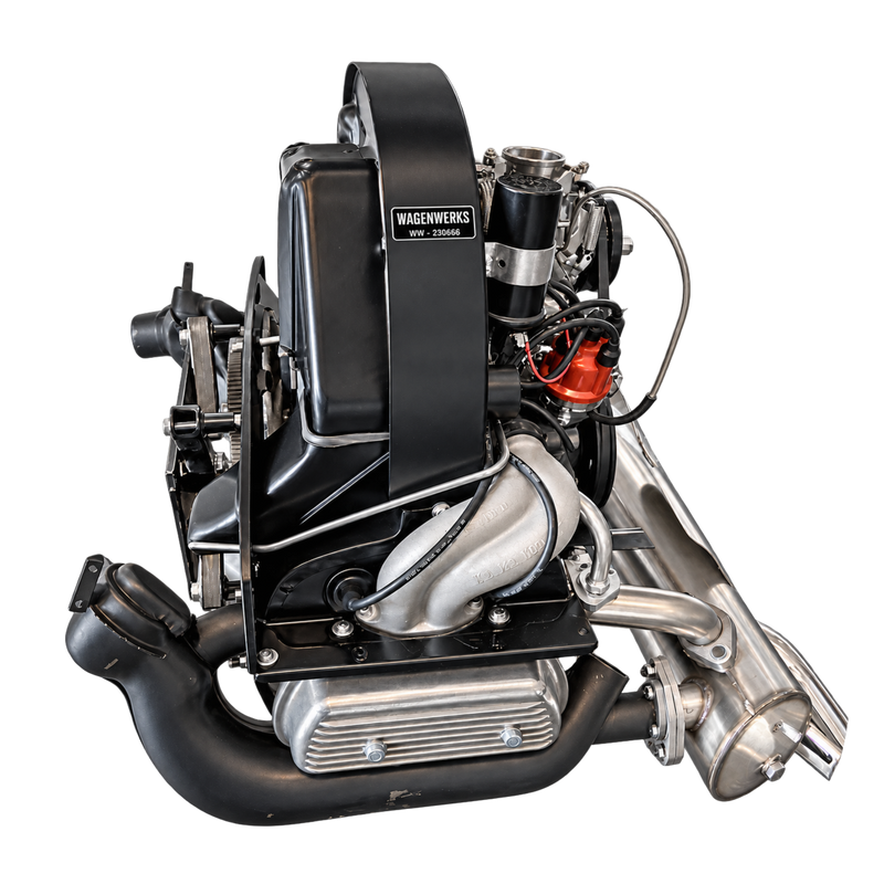 Seitenansicht des WAGENWERKS Typ-1-Motors mit Gebläsegehäuse, Ventildeckel und Wärmetauscher